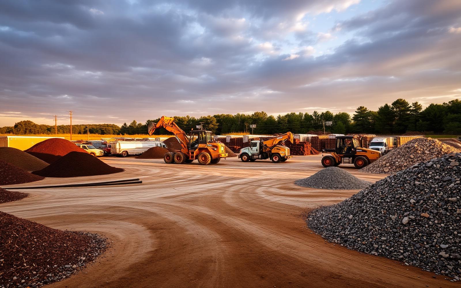 Loader filling a dump truck beside mulch and gravel piles at the Spring, TX landscape supply yard